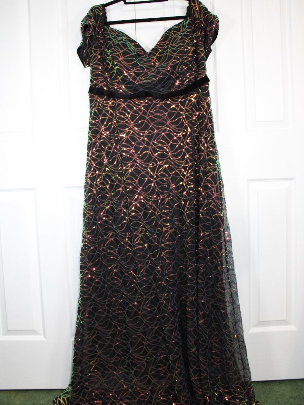 Curveins Off-Shoulder Cinched Waist Striped Shimmering Sequin Maxi Evening Dress